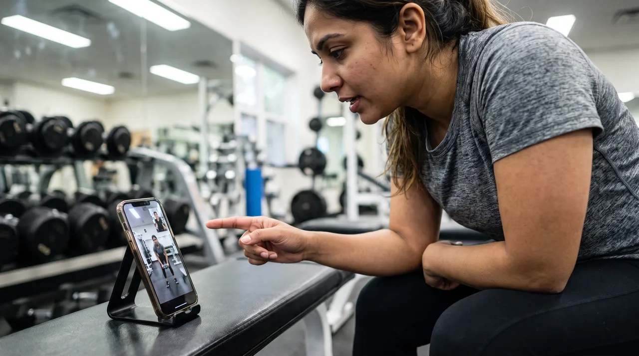 Coach giving a paid 1:1 online form check from the gym