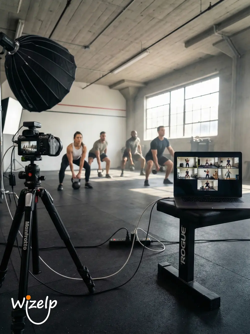 Trainer leading an online group fitness class with clients on a laptop screen