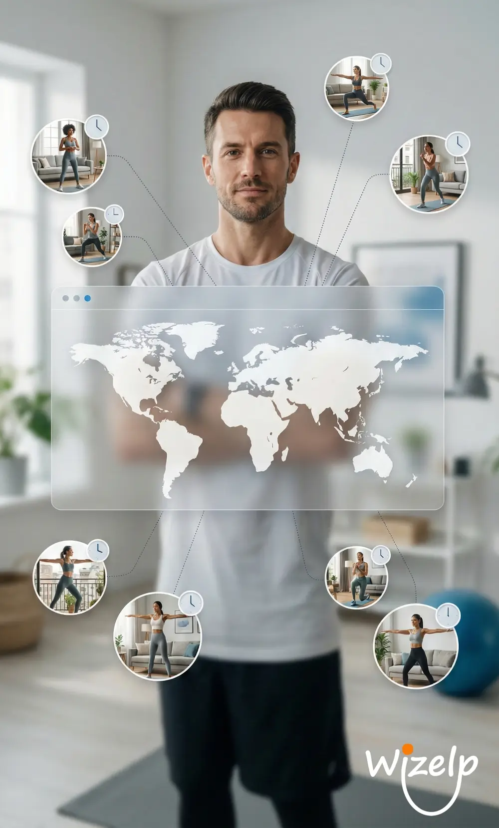 Fitness coach training clients remotely with camera and laptop