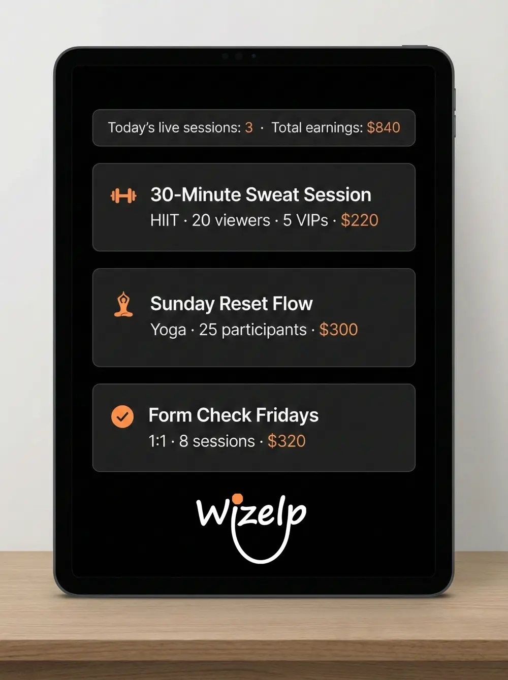 Wizelp dashboard showing creator earnings and bookings