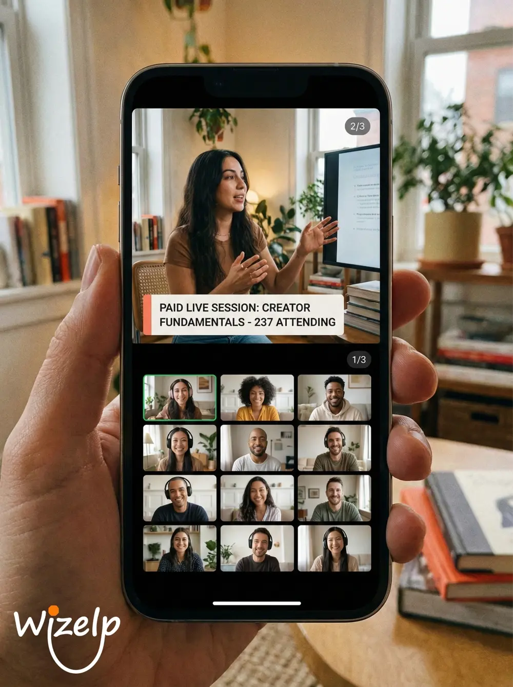 Fitness coach running a paid live session with clients on screen