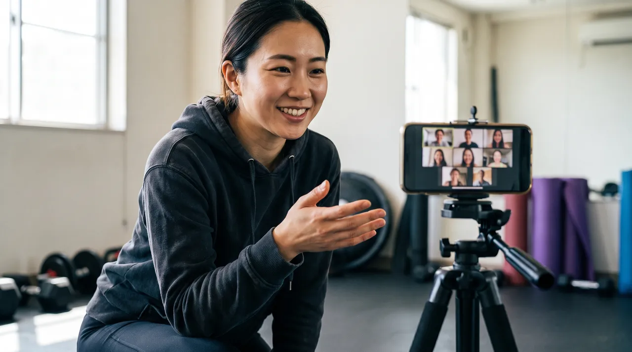 Coach running a paid live group class streamed to online participants