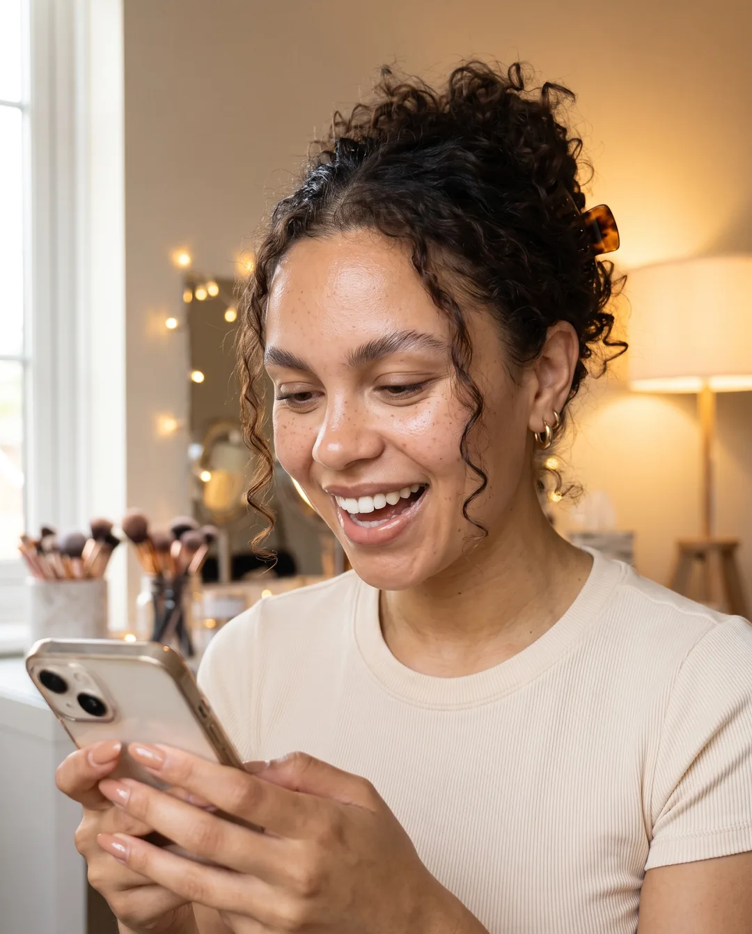 Beauty creator smiling as she checks her Wizelp earnings on her phone